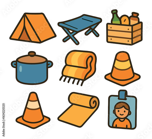Temporary Shelter Icons. Flat vector mini-illustrations temporary shelter solutions in colors children's