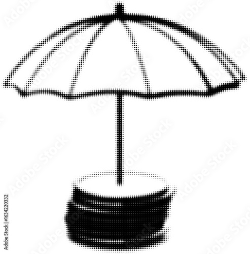 Black and white halftone image of a sun umbrella with a stand