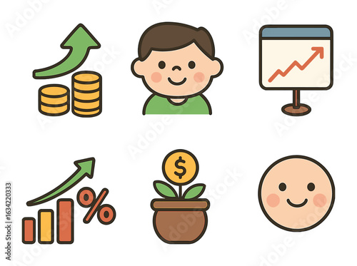 Colorful ROI Icons. Flat vector mini-illustrations return on investment (ROI) in colors children's