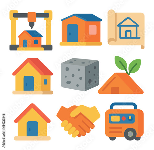 3D-Printed Shelter Icons. Flat vector mini-illustrations 3D-printing architecture for homeless shelters in