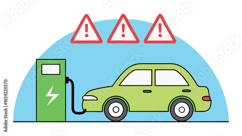 Electric car charging at station with warning signs in flat eco transport concept
