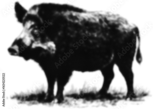 Digital halftone illustration of a wild boar standing in profile view