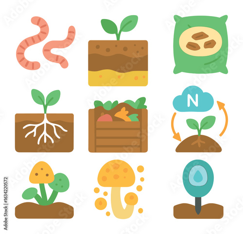 Soil Health Icons. Flat vector mini-illustrations soil health and biodiversity in colors children's