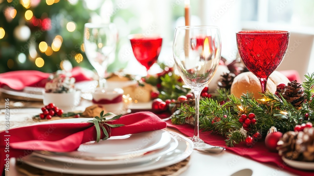 Fototapeta premium Festive Christmas Table Setting with Red Accents and Decorations