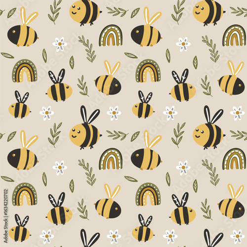 Playful pattern with cartoon bees and honeycombs. Great for kids decor, packaging and cheerful fabric prints.