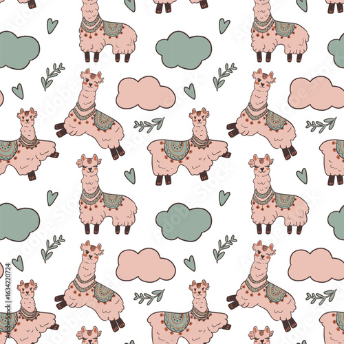 Adorable seamless background featuring sweet cartoon llamas with decorative saddles and soft pastel clouds. Perfect for baby clothing, fabric design, kids room decor, and digital backgrounds.