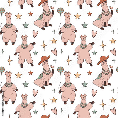 Playful and charming seamless pattern with cartoon llamas in fun poses, complemented by hearts and star elements. Great for textile prints, childrens products, digital scrapbooking, and creative packa