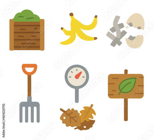 Kids' Compost Icons. Flat vector mini-illustrations natural composting methods in colors children's