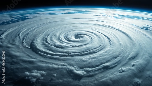 Dramatic hurricane formation viewed from space, showcasing swirling clouds over the ocean.