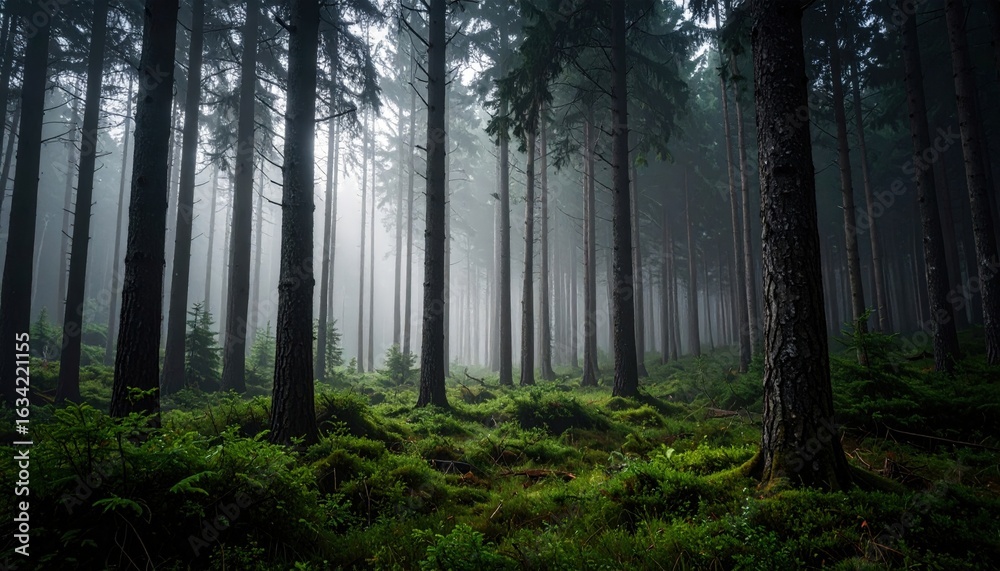 Naklejka premium Misty Forest Path With Pine Trees
