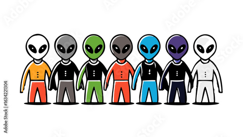 Group of colorful alien characters standing together with playful expressions in a cartoon style illustration