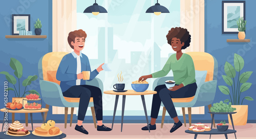 Two friends conversing and enjoying snacks and drinks together in a cozy, well-lit living room.