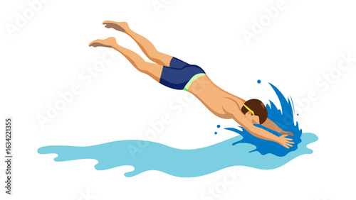 Boy dives into water creating a splash at a sunny outdoor swimming area near the beach during summer