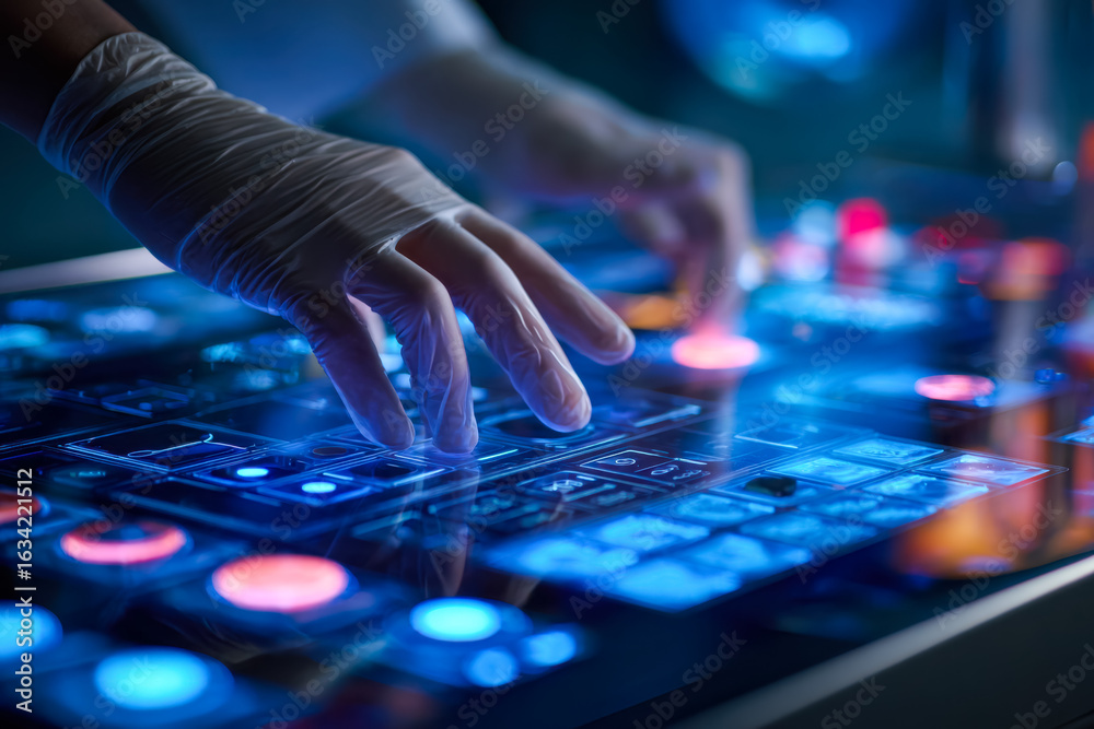 Fototapeta premium Dj mixing using a digital controller with glowing touchpads and vibrant lighting effects