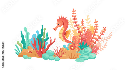 Colorful seahorse swimming among vibrant coral reefs in a lively underwater habitat during daylight