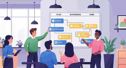 Team collaborating on a project workflow diagram displayed on a whiteboard in a modern office.