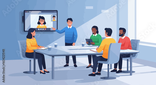 A flat design illustration of a diverse group of people in a business meeting, engaged in a video conference.