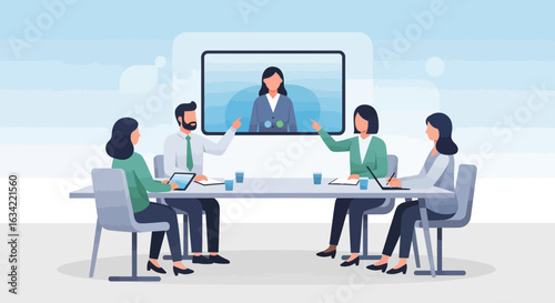 A group of professionals in a meeting room participate in a video conference with a woman on a large screen, gesturing and taking notes.