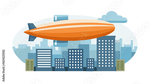 Colorful zeppelin flying over a modern city skyline surrounded by skyscrapers and a bright sky
