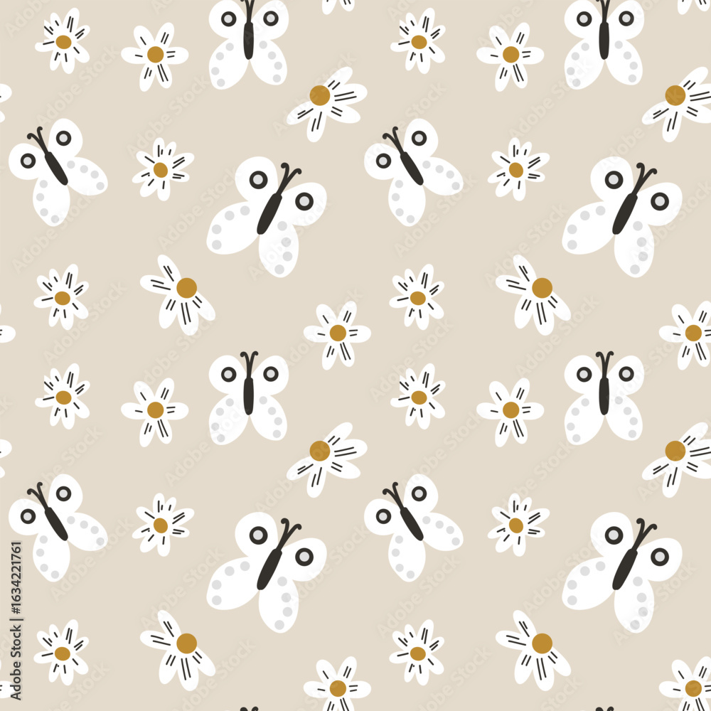 Fototapeta premium Funny little bees in white with flowers on beige background. Ideal for nursery, packaging and nature-themed prints.