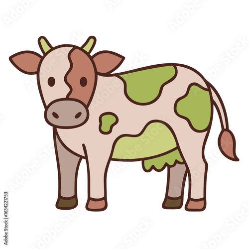 Cute cartoon cow standing on a green pasture with a cheerful expression in a simple illustration style