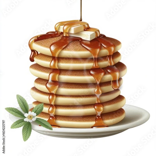 Wallpaper Mural Stacked Pancakes: A close-up shot showcasing a stack of golden pancakes drenched in syrup and adorned with a pat of butter. The image is fresh and appetizing.  Torontodigital.ca