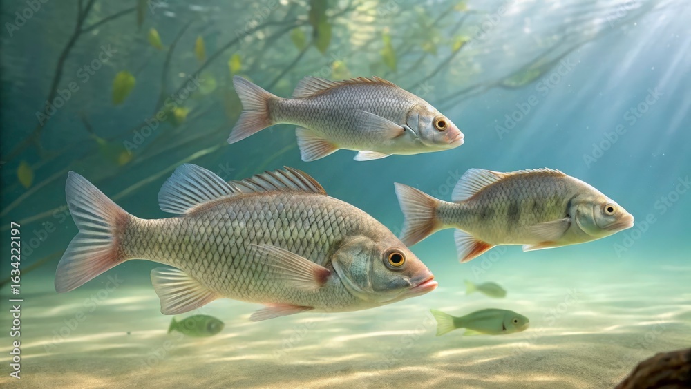 Naklejka premium A serene underwater scene featuring a school of fish swimming in clear blue water with sunlight