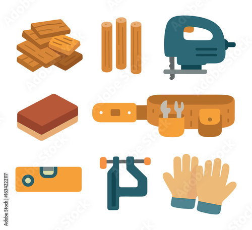 Children's Workshop Tools. Flat vector mini-illustrations recycled material workshop in colors children's