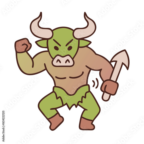 Character design of a mythical bull warrior in an animated style, showcasing strength and readiness for action in an imaginative setting
