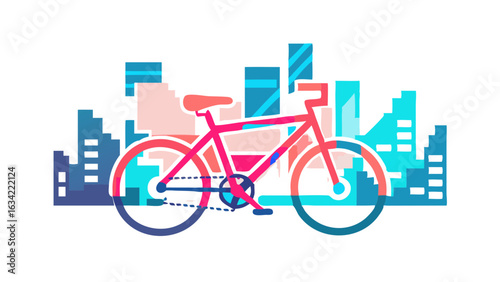 Colorful bicycle illustration against a vibrant city skyline featuring modern buildings during daylight