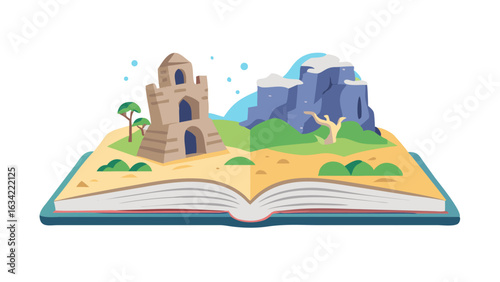Open storybook revealing a fantasy landscape with a castle, mountains, and greenery in a whimsical illustration style