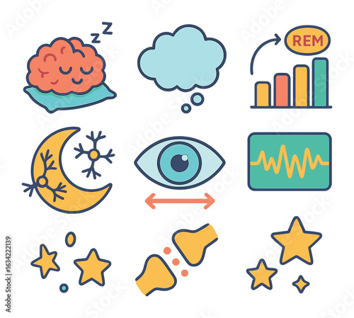 Dreams Illustrated for Children. Flat vector mini-illustrations psychology and neurobiology of dreams in