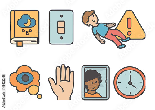 Lucid Dream Icons. Flat vector mini-illustrations lucid dreaming in colors children's illustrations: dream