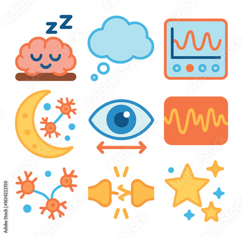 Dreams Illustrated for Children. Flat vector mini-illustrations psychology and neurobiology of dreams in