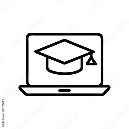 Online education platform featuring a graduation cap icon on a laptop screen, representing digital learning and academic success
