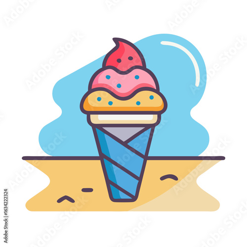 Colorful ice cream cone with sprinkles on a sunny beach background creating a fun, refreshing summer vibe for all ages
