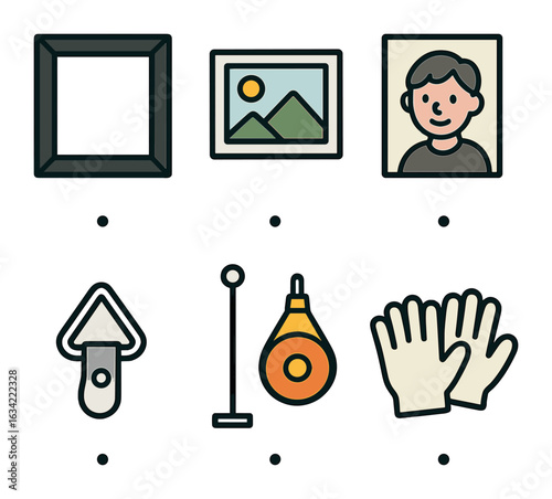 Children's Art Display. Flat vector mini-illustrations black and white prints arrangement in colors children's