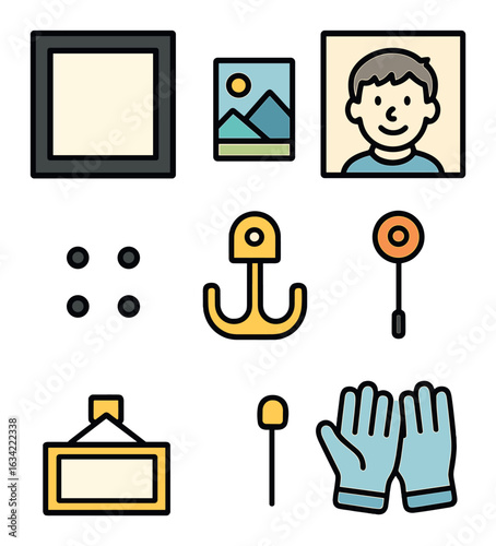 Children's Art Display. Flat vector mini-illustrations black and white prints arrangement in colors children's