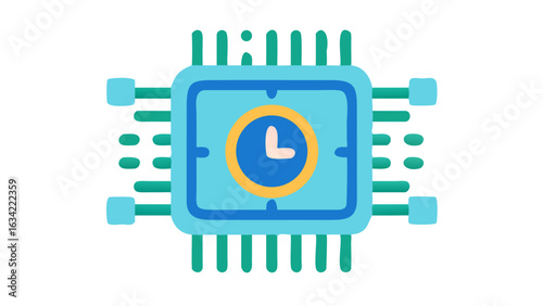 Colorful illustration of a digital clock represented with a microchip design, showcasing time on a bright blue background during a creative project