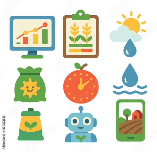 Farm Data Dashboard Icons. Flat vector mini-illustrations farm data dashboards in colors children's