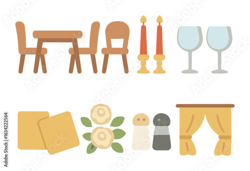 Elegant Dining Icons. Flat vector mini-illustrations Elegant dining set for two in colors children's