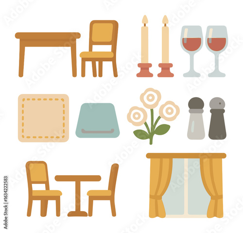 Elegant Dining Icons. Flat vector mini-illustrations Elegant dining set for two in colors children's