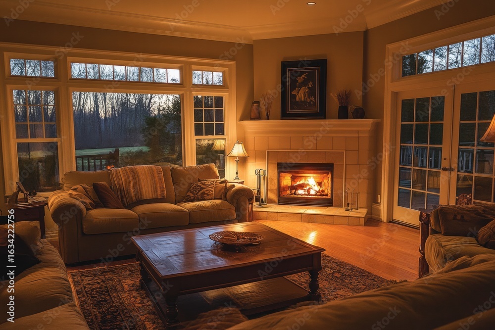 Fototapeta premium Wooden cozy cabin interior with glowing fireplace