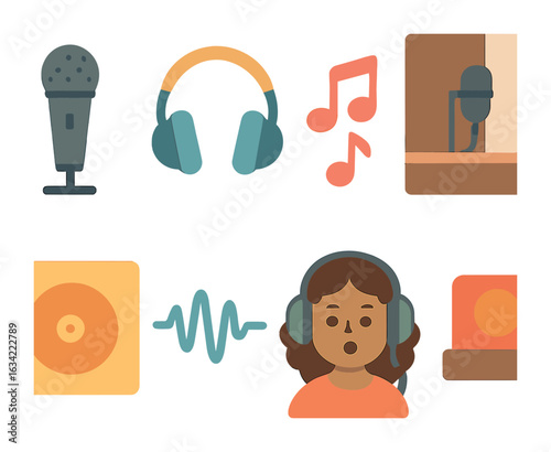 Child's Music Icons. Flat vector mini-illustrations singing for recording artists and their albums in colors