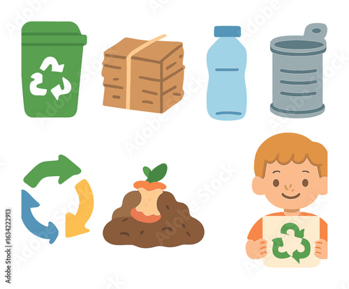 Kids' Recycling Icons. Flat vector mini-illustrations recycling habits in colors children's illustrations: