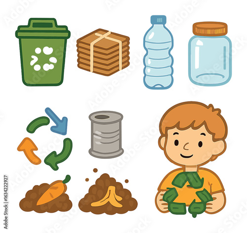 Kids' Recycling Icons. Flat vector mini-illustrations recycling habits in colors children's illustrations: