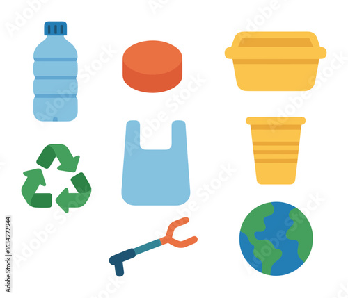 Plastic Recycling Icons. Flat vector mini-illustrations plastic recycling awareness in colors children's
