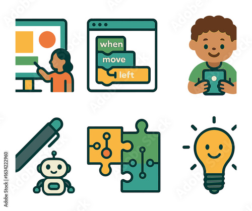Interactive Learning Icons. Flat vector mini-illustrations interactive learning tools in colors children's