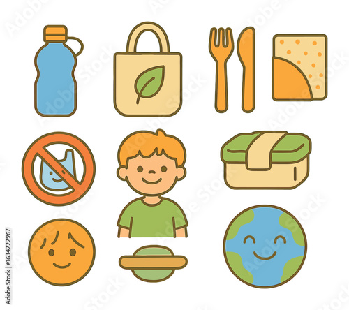 Eco-Friendly Kids Icons. Flat vector mini-illustrations reducing single-use items in colors children's