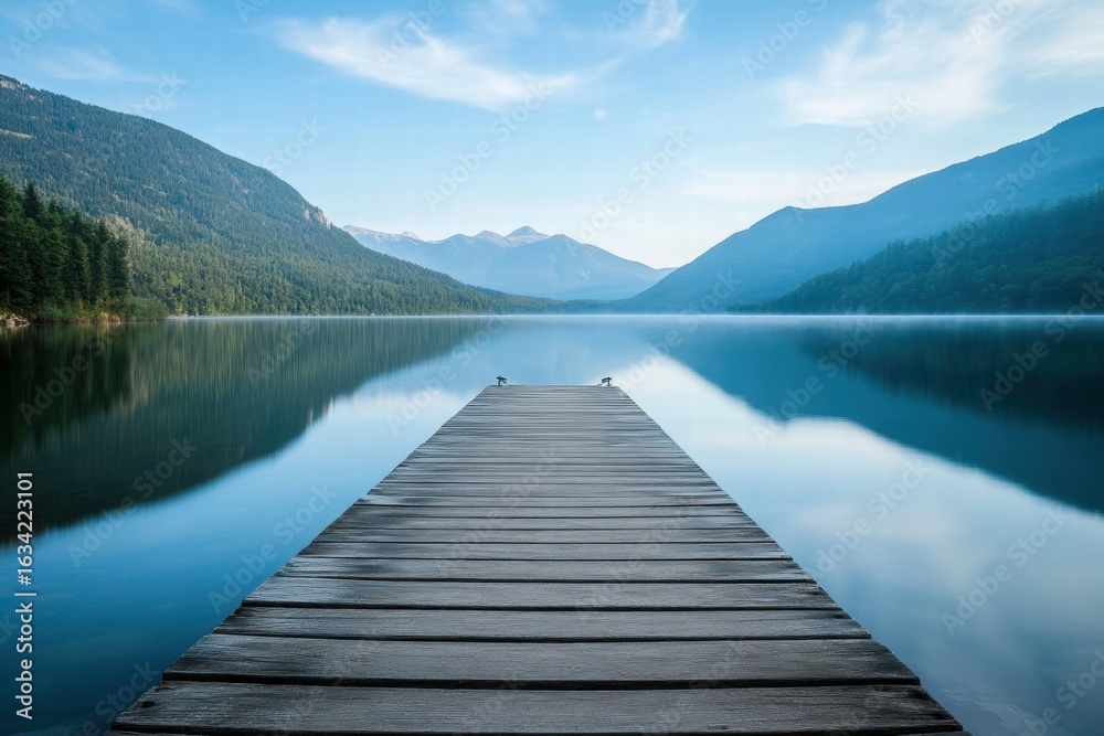 Obraz premium Serene lake and pier in early morning light